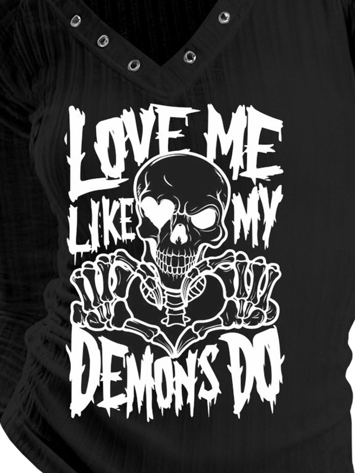 Gothic V-neck Ribbed Demon's Word Printed Long-sleeve T-shirt (Slightly Sheer)