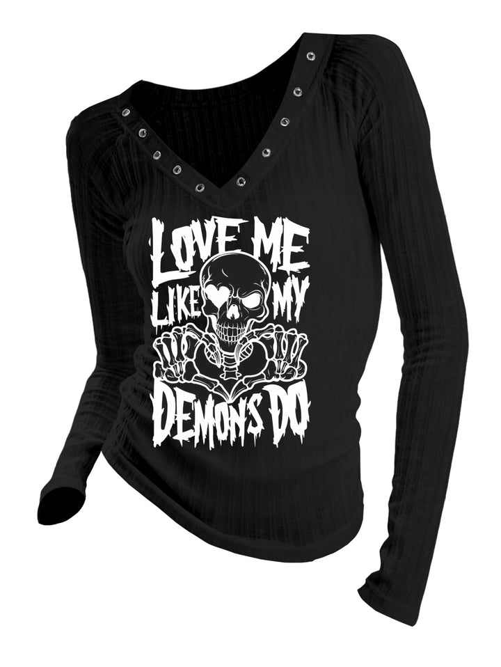 Gothic V-neck Ribbed Demon's Word Printed Long-sleeve T-shirt (Slightly Sheer)