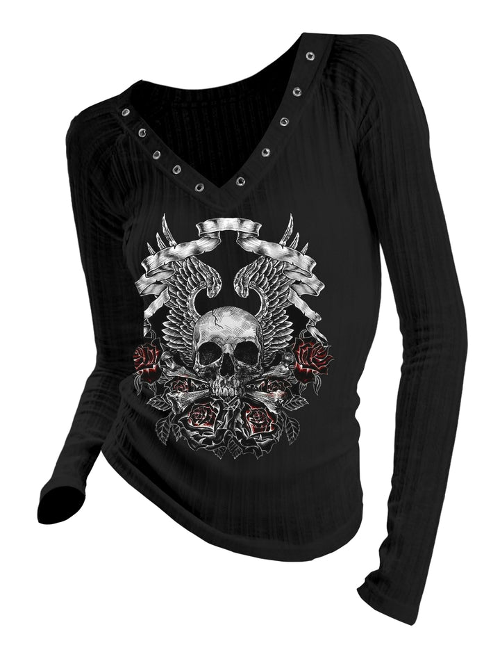 Gothic V-neck Ribbed Skull & Cross Printed Long-sleeve T-shirt