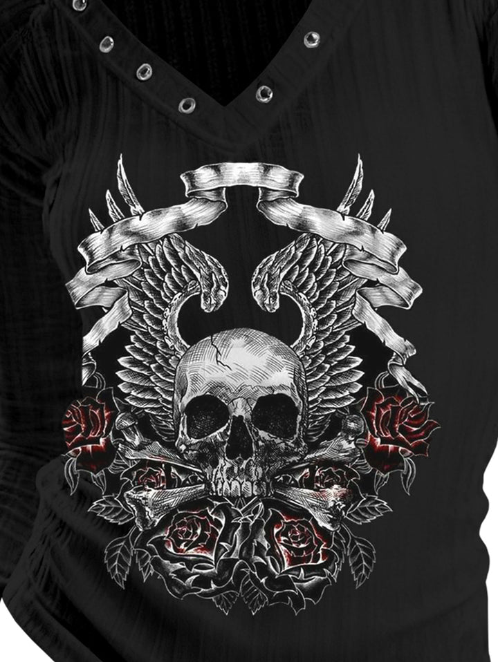 Gothic V-neck Ribbed Skull & Cross Printed Long-sleeve T-shirt