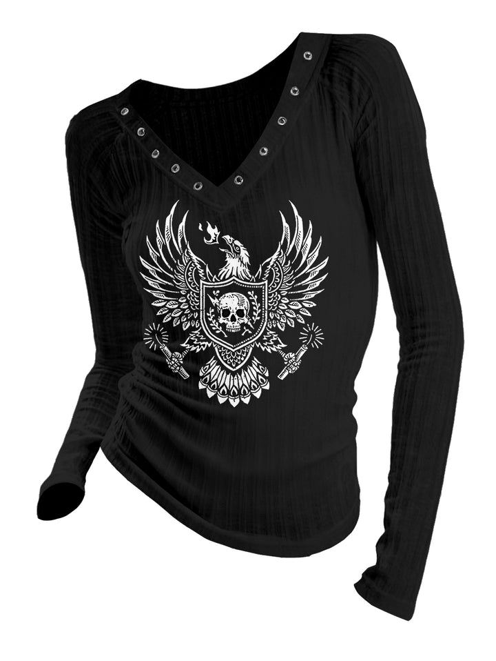 Gothic V-neck Ribbed Eagle & Skull Shield Printed Long-sleeve T-shirt