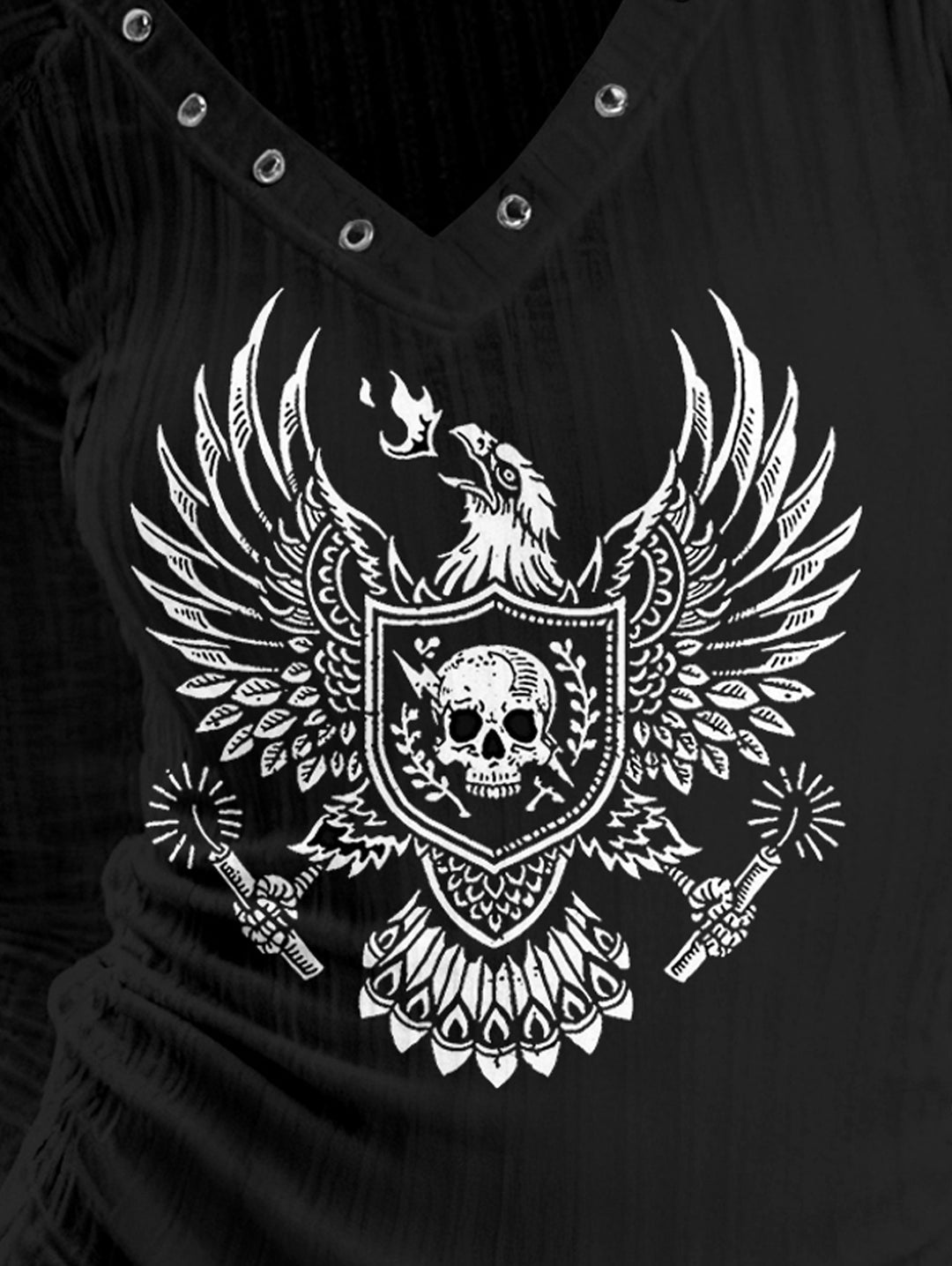 Gothic V-neck Ribbed Eagle & Skull Shield Printed Long-sleeve T-shirt