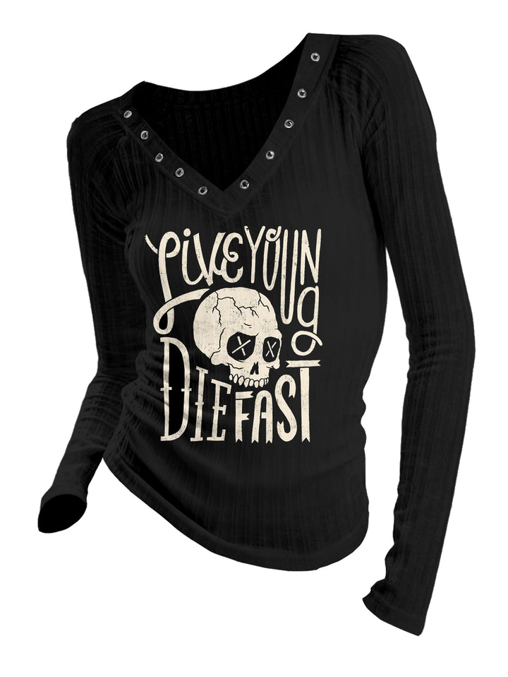 Gothic V-neck Ribbed Whisper of the Skull Printed Long-sleeve T-shirt