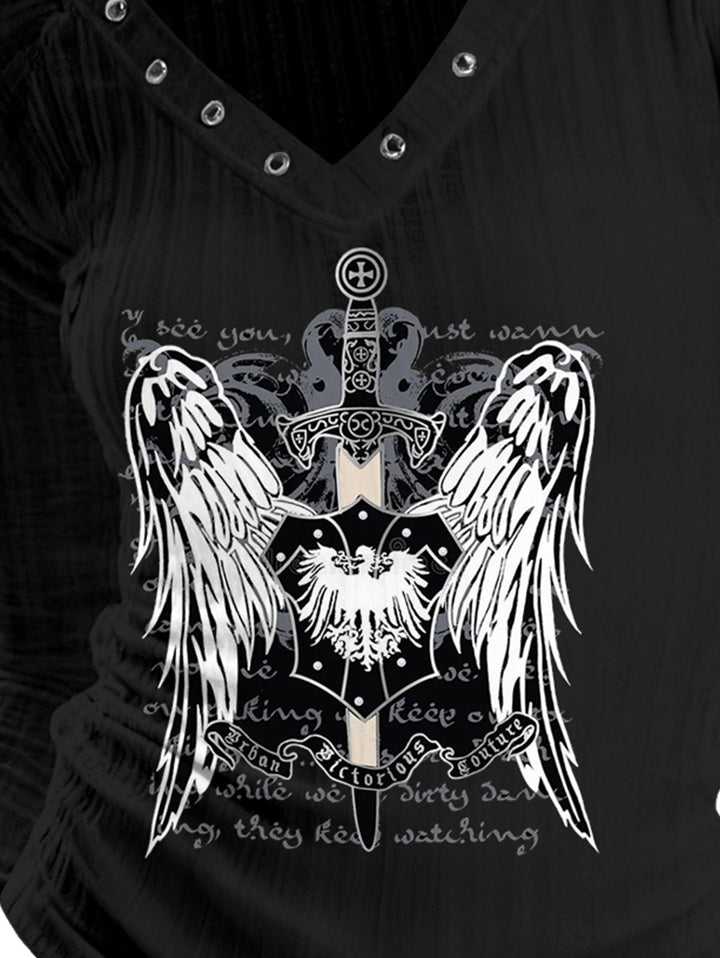 Gothic V-neck Ribbed Sword & Wings Printed Long-sleeve T-shirt
