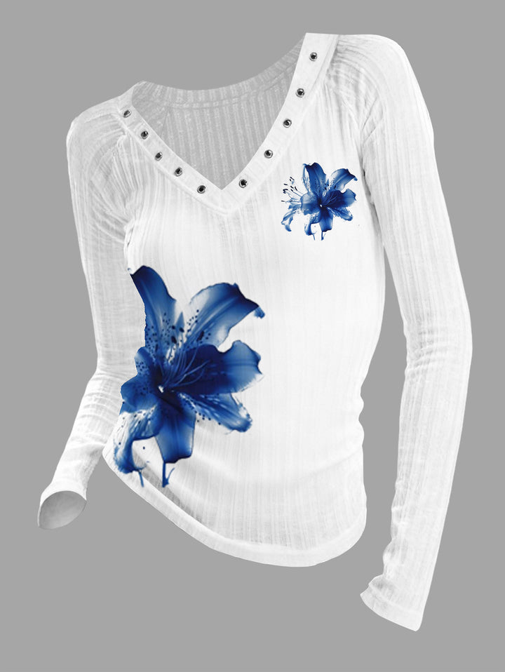 Gothic V-neck Ribbed Blue Lily Flower Printed Long-sleeve T-shirt (Slightly Sheer)
