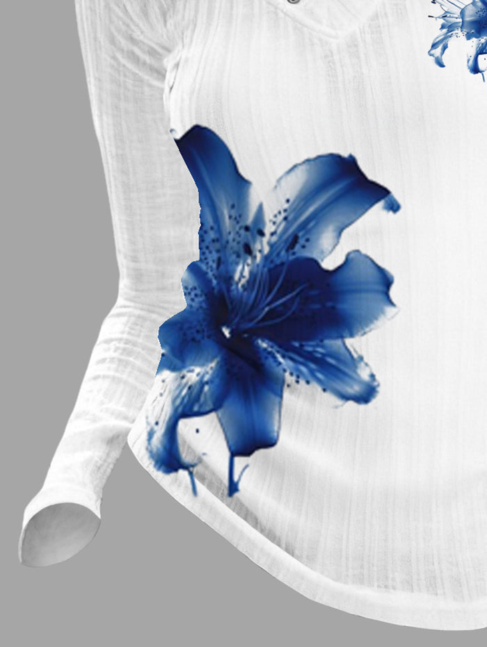 Gothic V-neck Ribbed Blue Lily Flower Printed Long-sleeve T-shirt (Slightly Sheer)