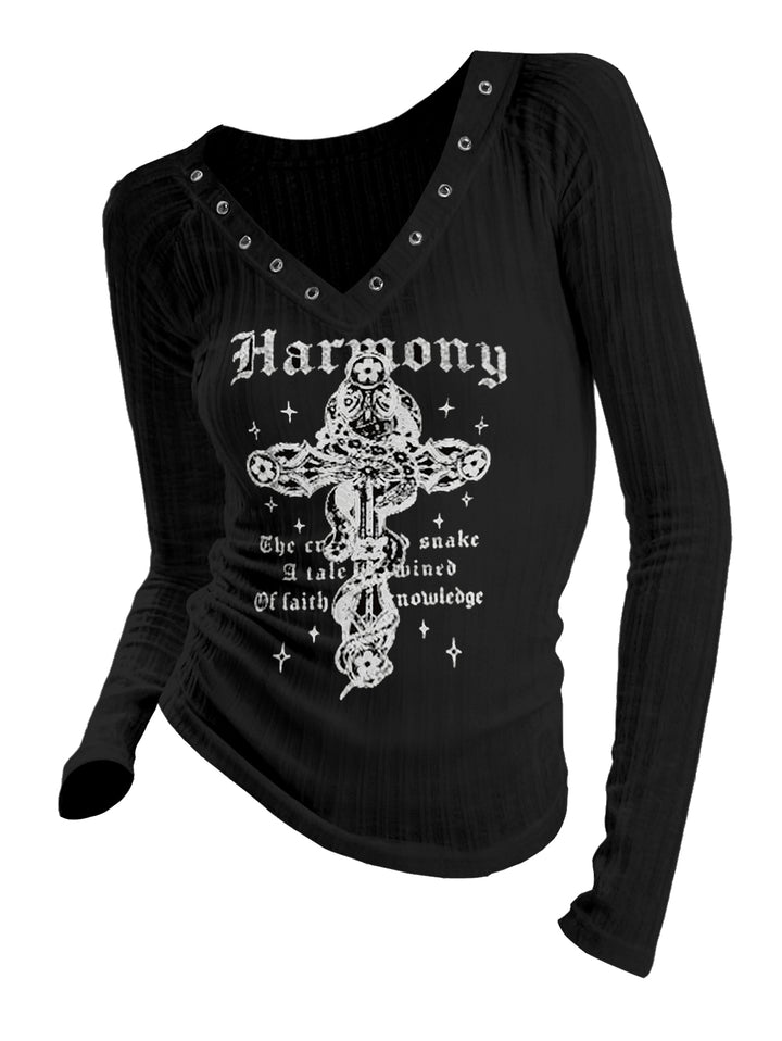 Gothic V-neck Ribbed Snakes & Cross Printed Long-sleeve T-shirt