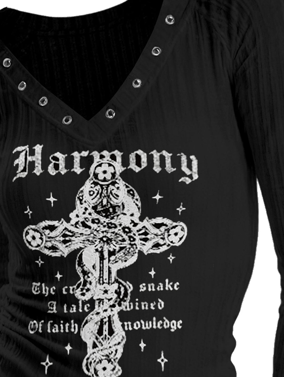 Gothic V-neck Ribbed Snakes & Cross Printed Long-sleeve T-shirt