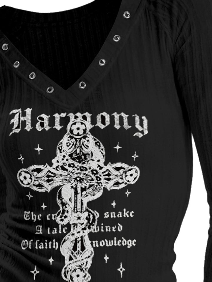 Gothic V-neck Ribbed Snakes & Cross Printed Long-sleeve T-shirt