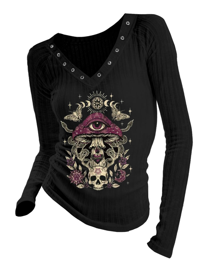 Gothic V-neck Ribbed Mushroom & Skull Printed Long-sleeve T-shirt