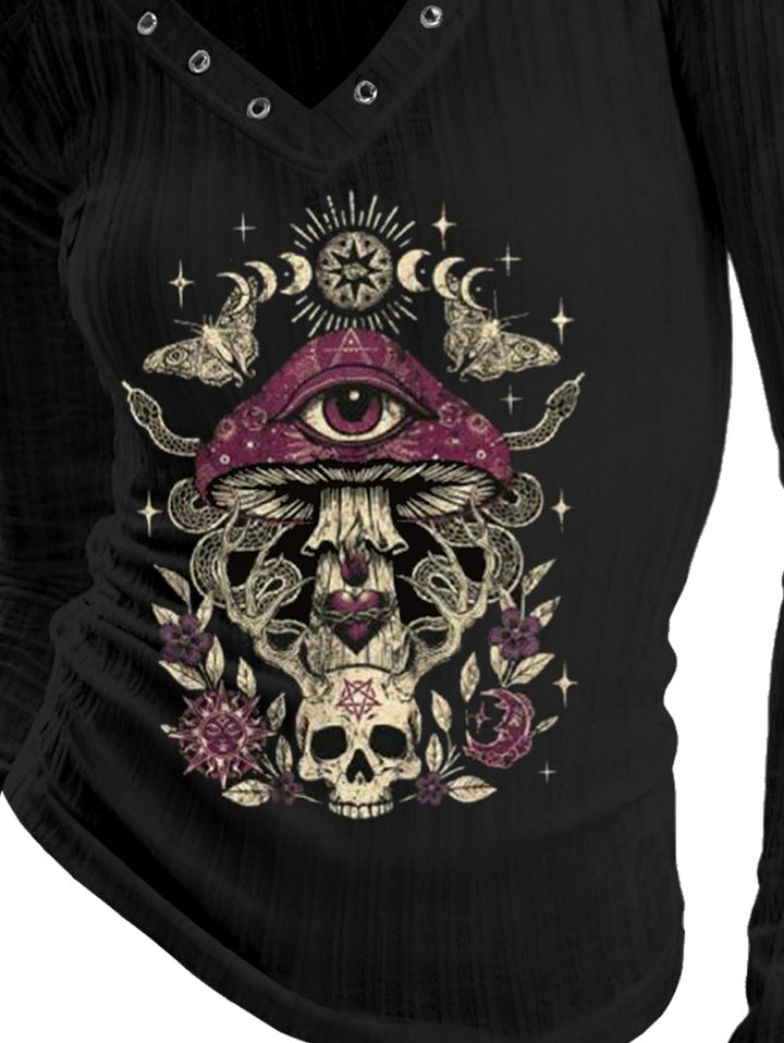 Gothic V-neck Ribbed Mushroom & Skull Printed Long-sleeve T-shirt