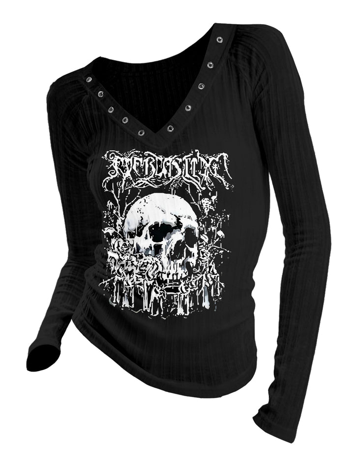Gothic V-neck Ribbed Skull Printed Long-sleeve T-shirt
