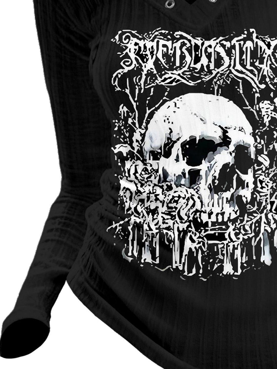 Gothic V-neck Ribbed Skull Printed Long-sleeve T-shirt