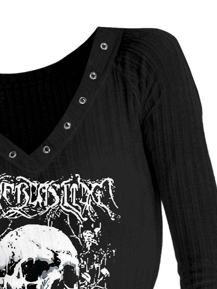 Gothic V-neck Ribbed Skull Printed Long-sleeve T-shirt