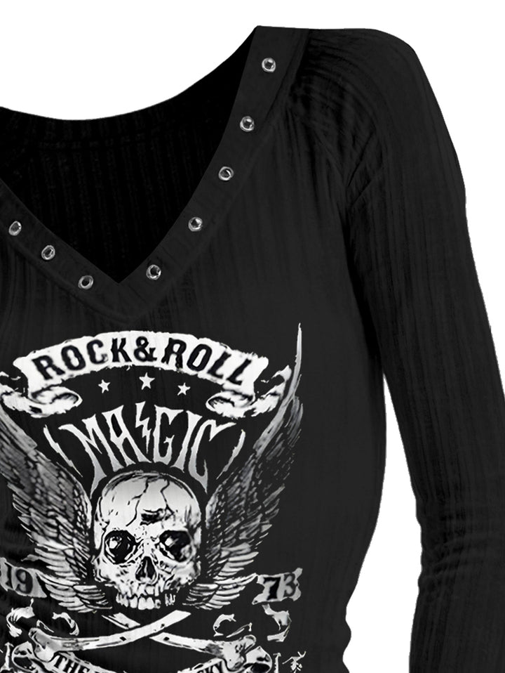 Gothic Rock & Roll V-neck Ribbed Skull & Wings Printed Long-sleeve T-shirt
