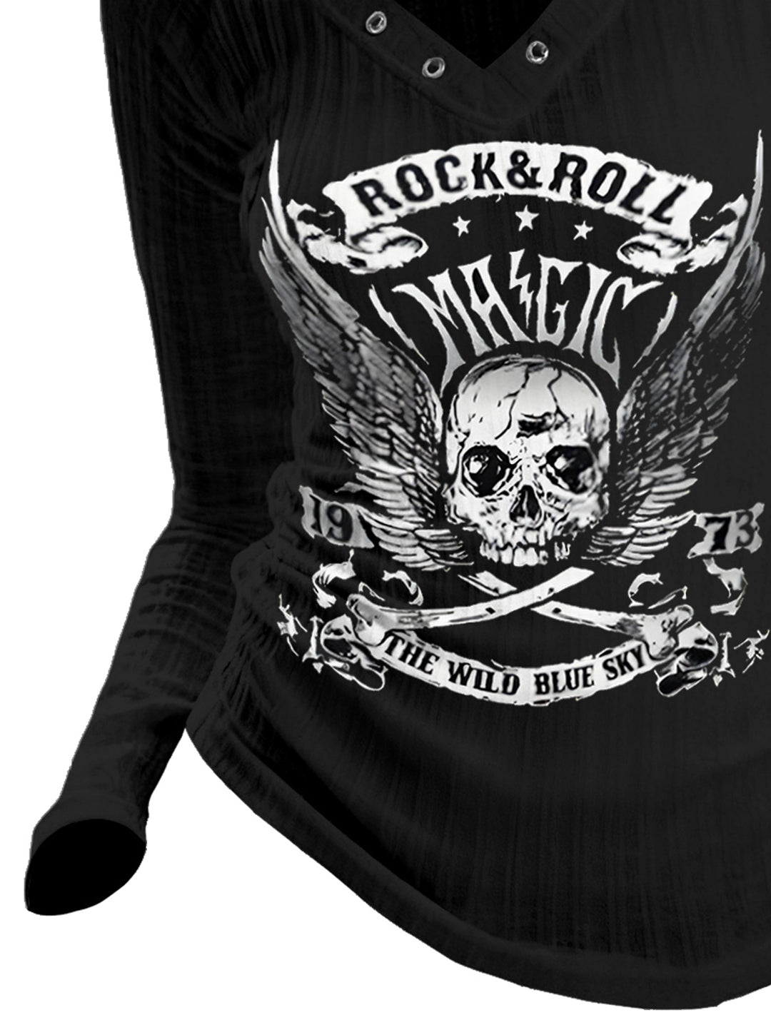 Gothic Rock & Roll V-neck Ribbed Skull & Wings Printed Long-sleeve T-shirt
