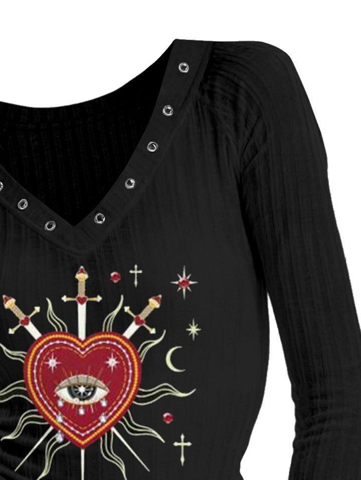 Gothic V-neck Ribbed Aesthetic Heart-Eye Sword Printed Long-sleeve T-shirt