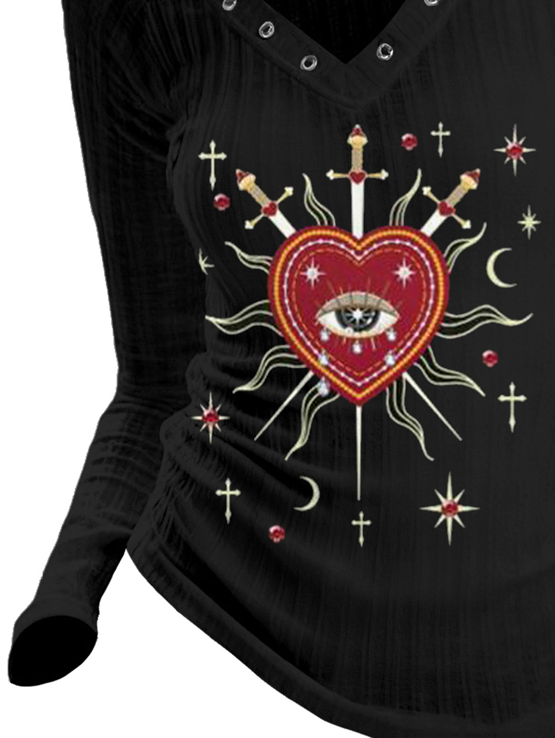 Gothic V-neck Ribbed Aesthetic Heart-Eye Sword Printed Long-sleeve T-shirt