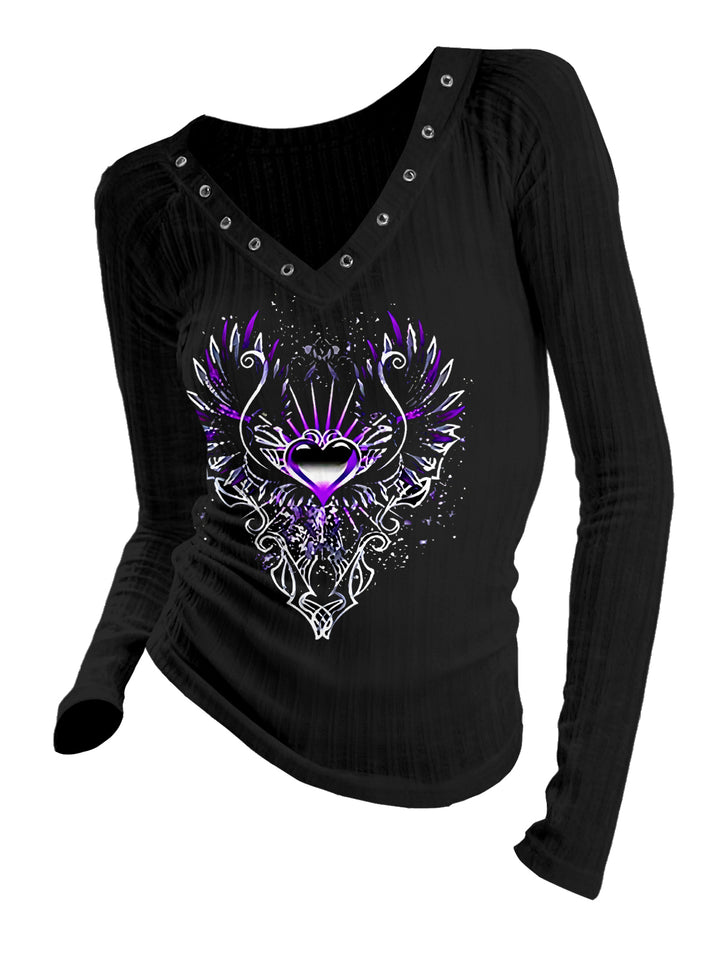 Gothic V-neck Dark Fantasy Wing Heart Gem Printed Long-sleeve T-shirt