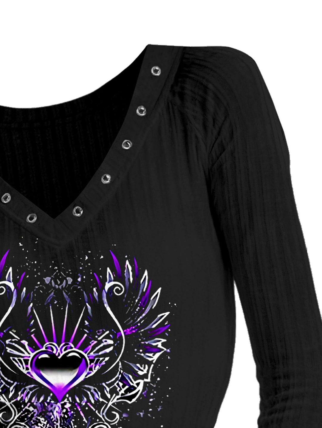 Gothic V-neck Dark Fantasy Wing Heart Gem Printed Long-sleeve T-shirt