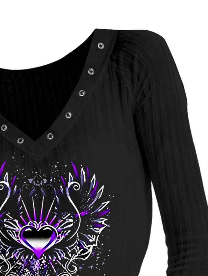 Gothic V-neck Dark Fantasy Wing Heart Gem Printed Long-sleeve T-shirt