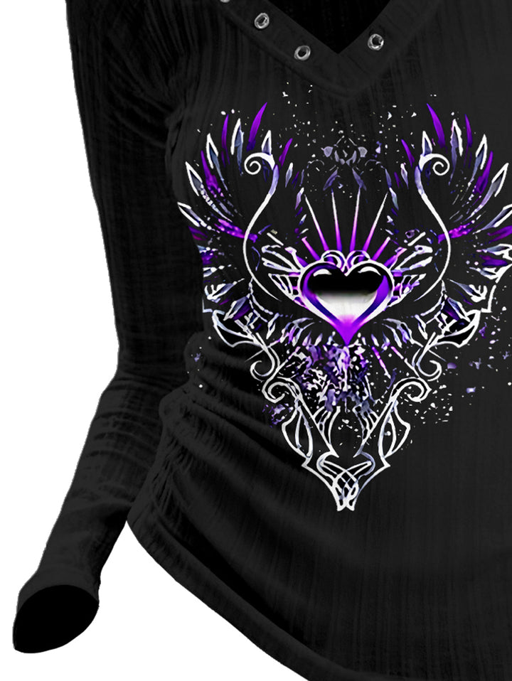 Gothic V-neck Dark Fantasy Wing Heart Gem Printed Long-sleeve T-shirt