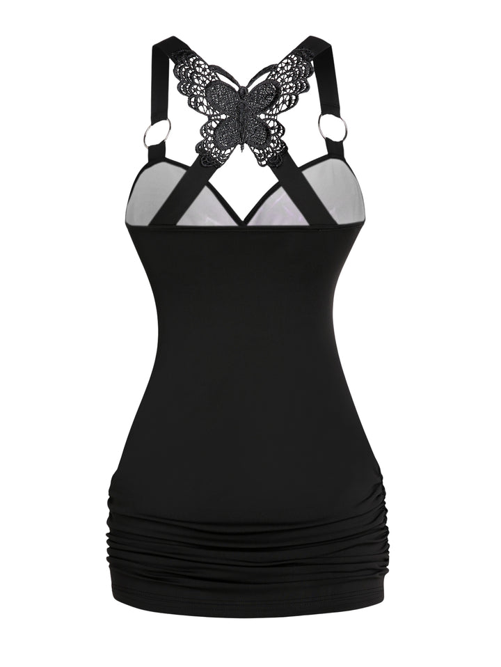 Gothic Butterfly Lace Ruched Surplice Tank Top - Sun & Moon Pattern