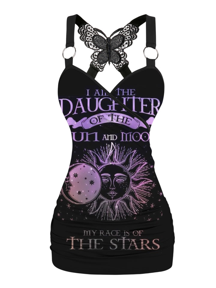 Black tank top with purple graphics and text on a white background