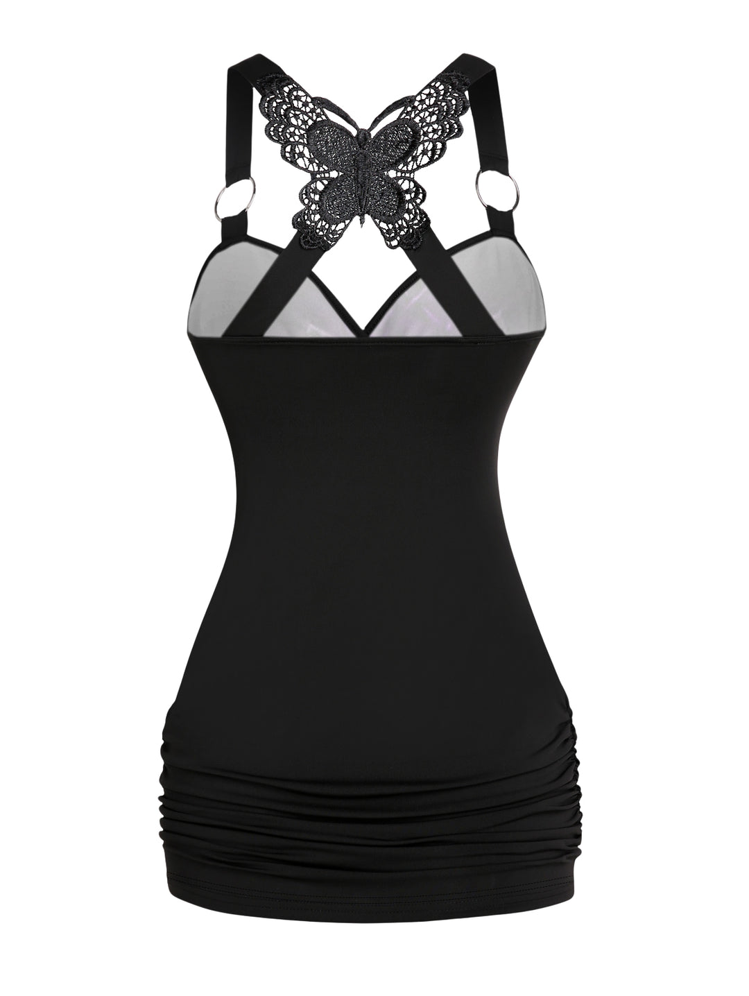 Gothic Butterfly Lace Ruched Surplice Tank Top - Camera & Rose Pattern