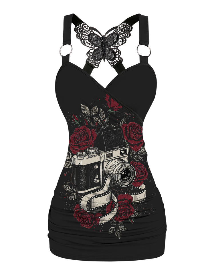 Gothic Butterfly Lace Ruched Surplice Tank Top - Camera & Rose Pattern