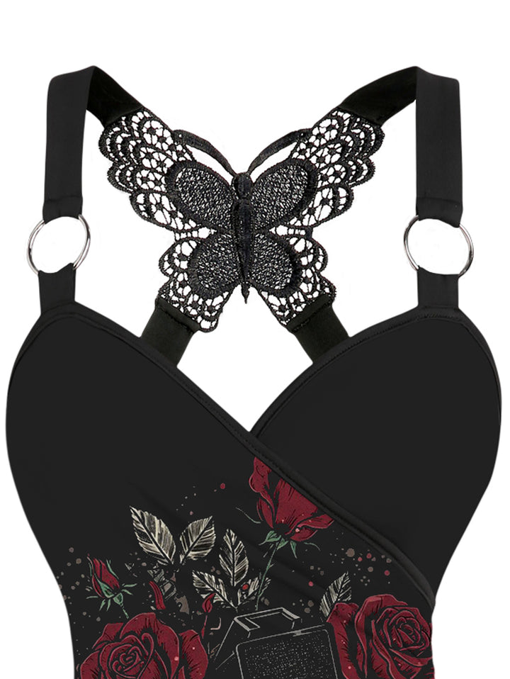 Gothic Butterfly Lace Ruched Surplice Tank Top - Camera & Rose Pattern