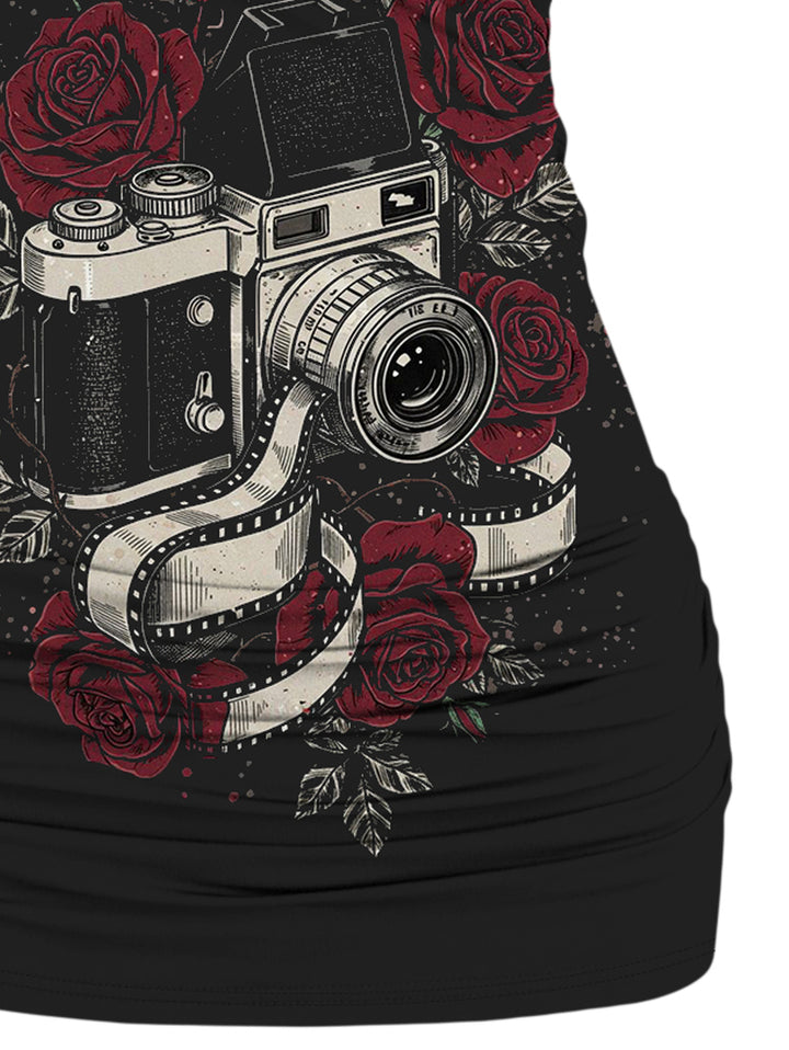 Gothic Butterfly Lace Ruched Surplice Tank Top - Camera & Rose Pattern