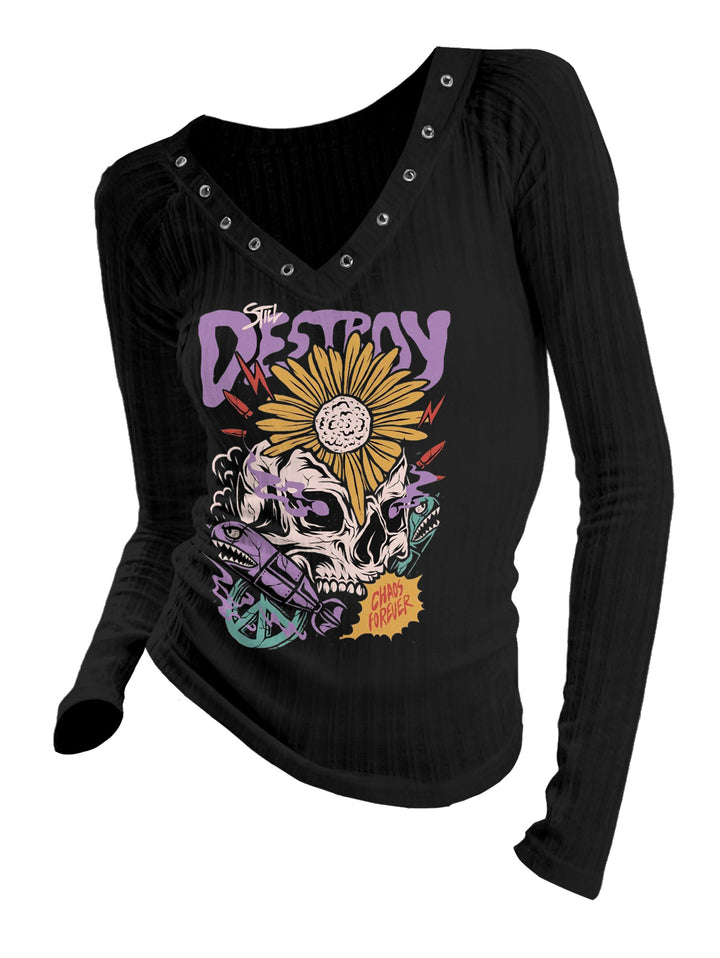 Punk Style V-neck Ribbed Skull & Sunflowers Printed Long-sleeve T-shirt