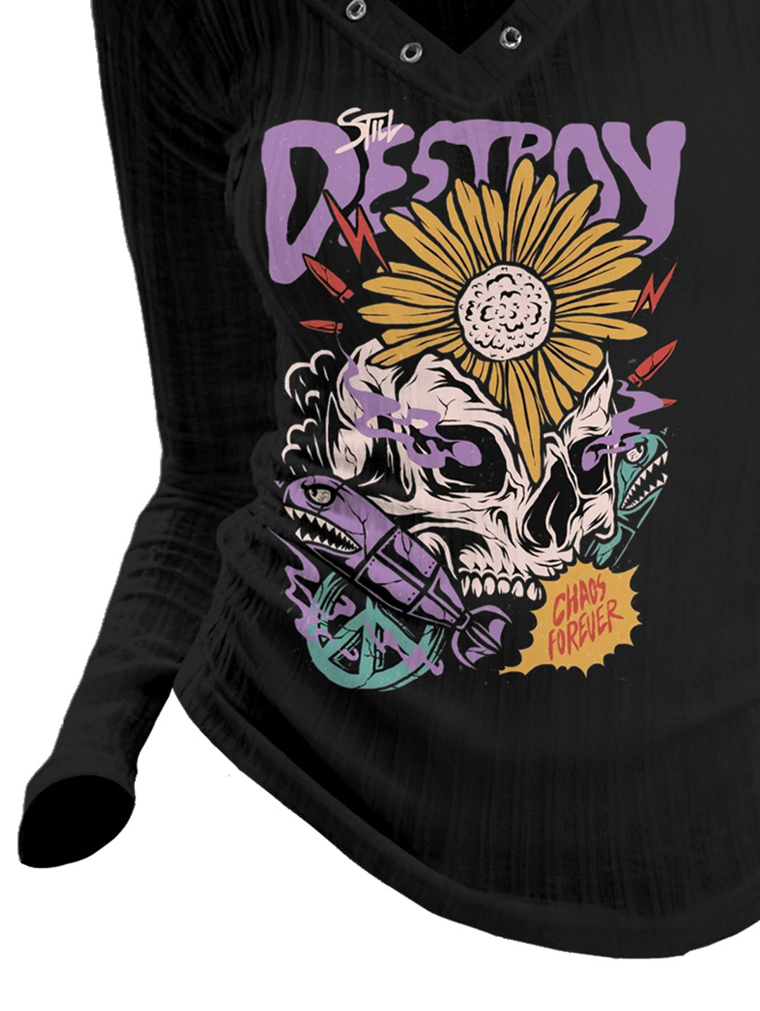 Punk Style V-neck Ribbed Skull & Sunflowers Printed Long-sleeve T-shirt