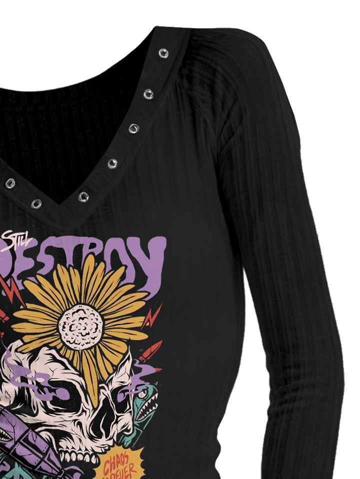 Punk Style V-neck Ribbed Skull & Sunflowers Printed Long-sleeve T-shirt