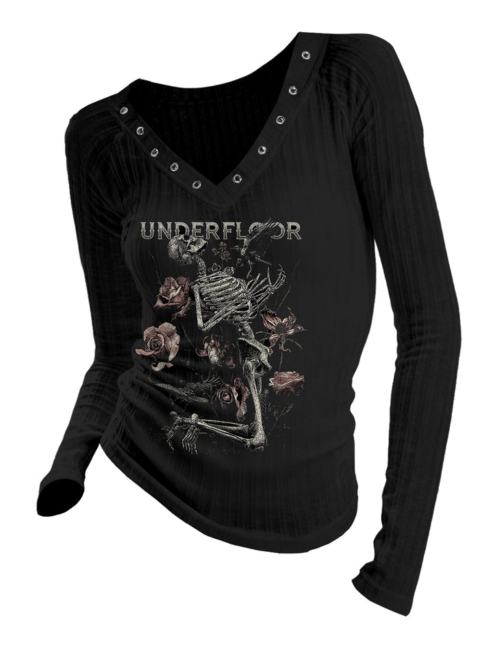 Gothic V-neck Ribbed Underfloor Rose & Skeleton Printed Long-sleeve T-shirt