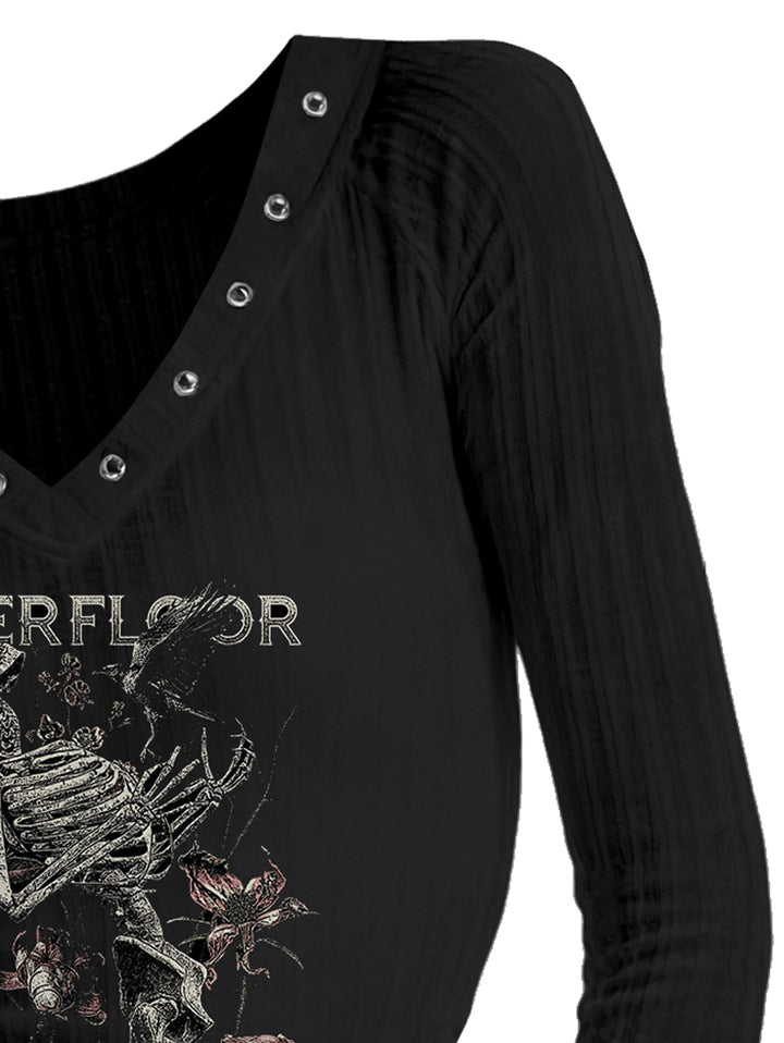 Gothic V-neck Ribbed Underfloor Rose & Skeleton Printed Long-sleeve T-shirt