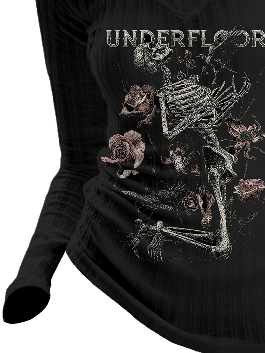 Gothic V-neck Ribbed Underfloor Rose & Skeleton Printed Long-sleeve T-shirt