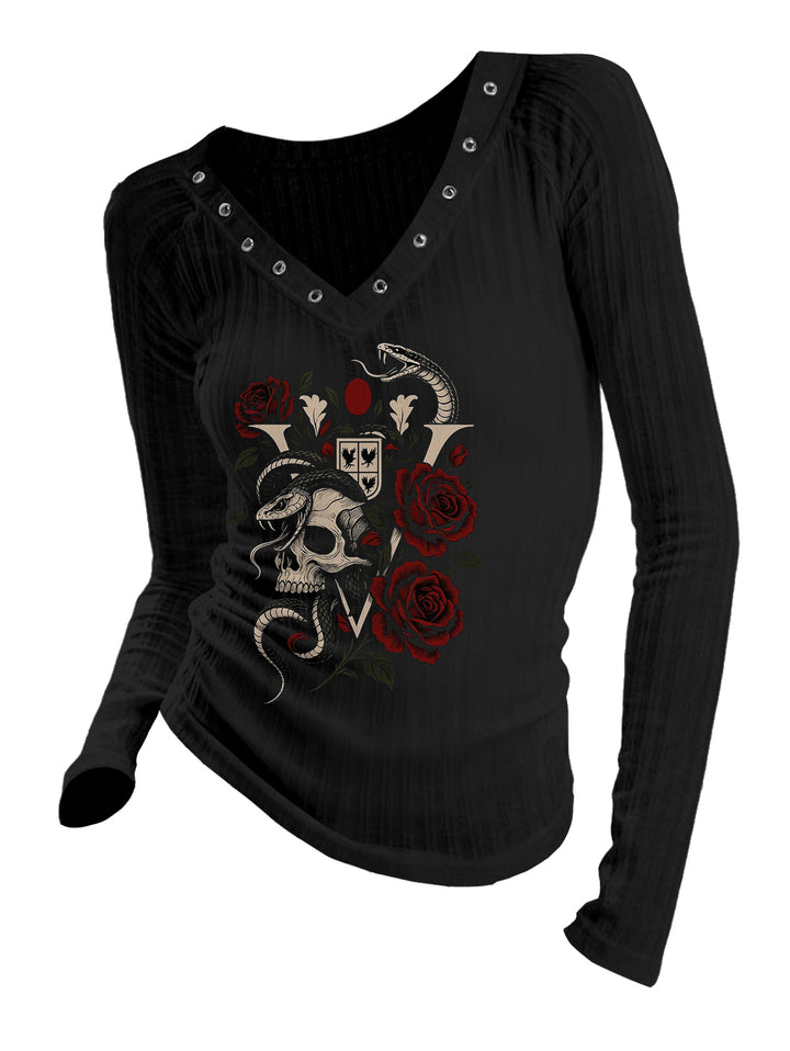 Gothic V-neck Ribbed  Rose&Snake Printed Long-sleeve T-shirt