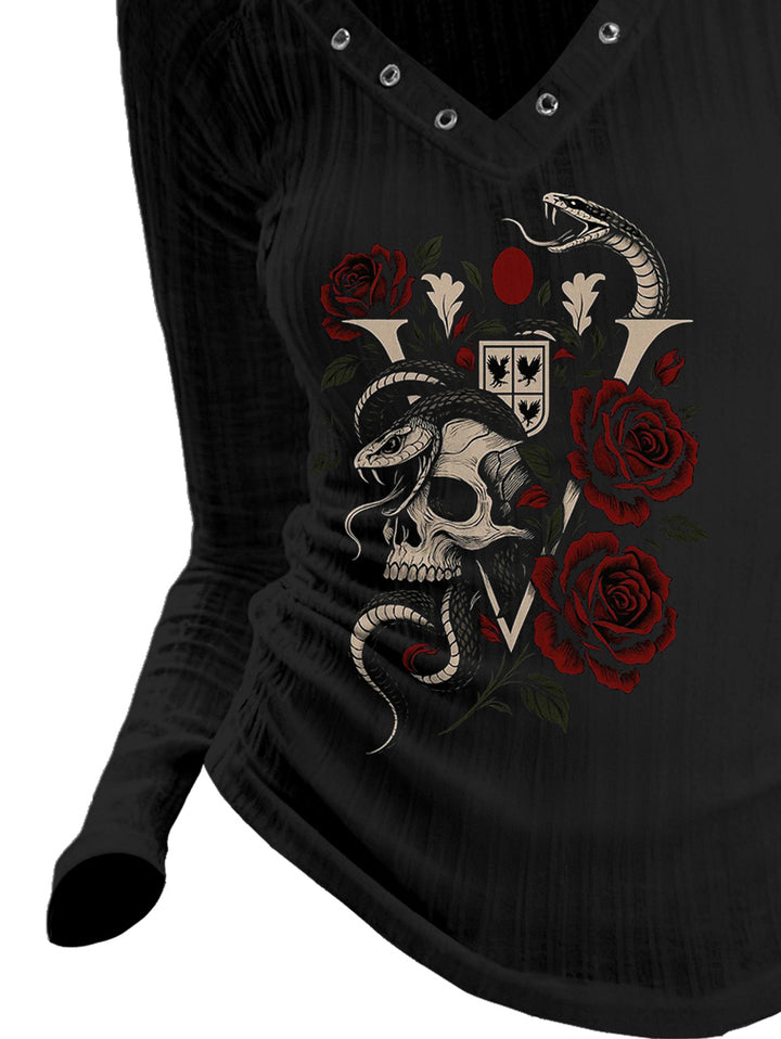 Gothic V-neck Ribbed  Rose&Snake Printed Long-sleeve T-shirt