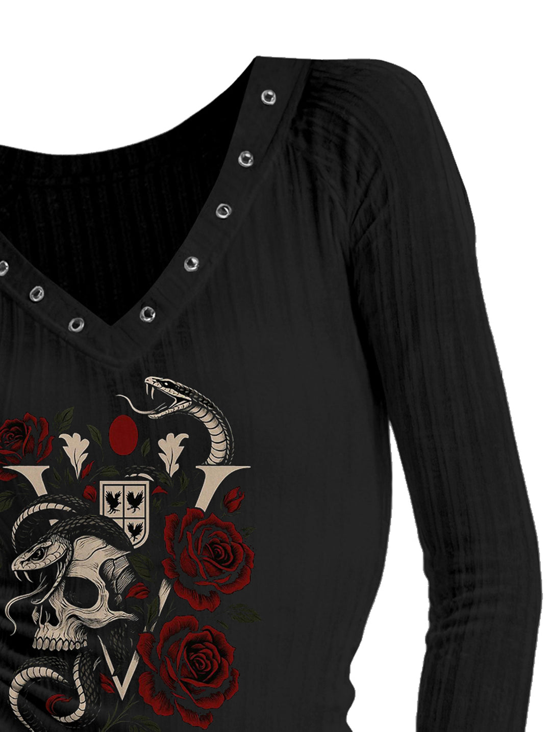 Gothic V-neck Ribbed  Rose&Snake Printed Long-sleeve T-shirt
