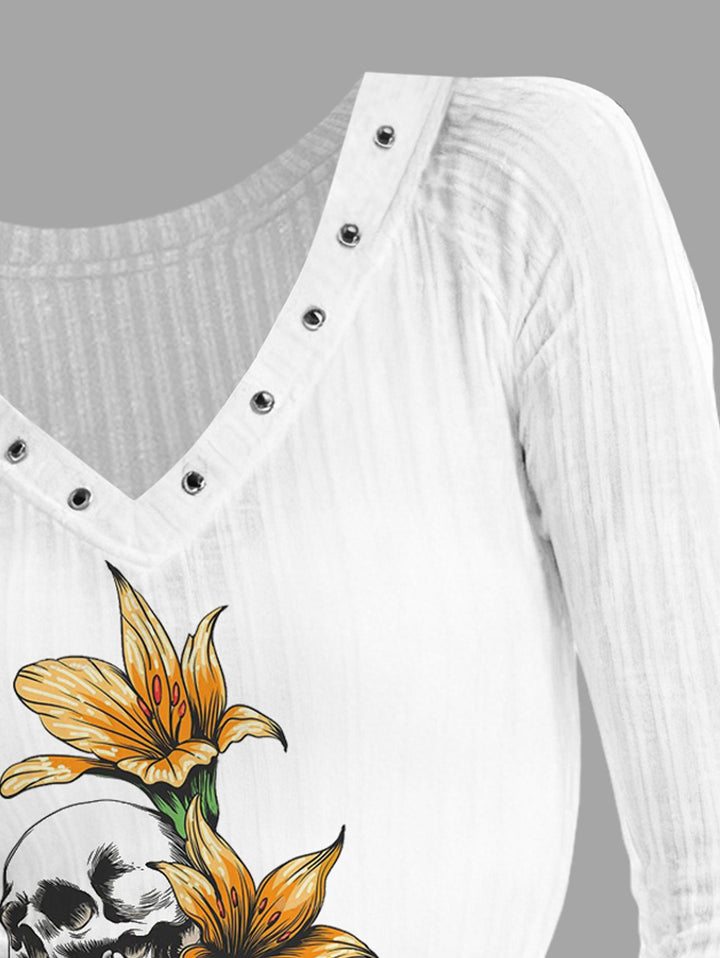 Gothic V-neck Ribbed Lily Flower & Skull Printed Long-sleeve T-shirt (Slightly Sheer)