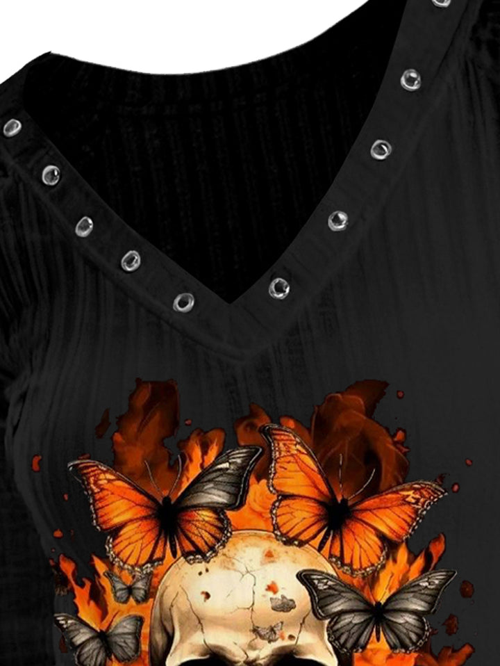 Black Rivet V-Neck Long-Sleeve T-Shirt Flame Skull & Butterfly Dark Print Retro Unique Slim-Fit Top