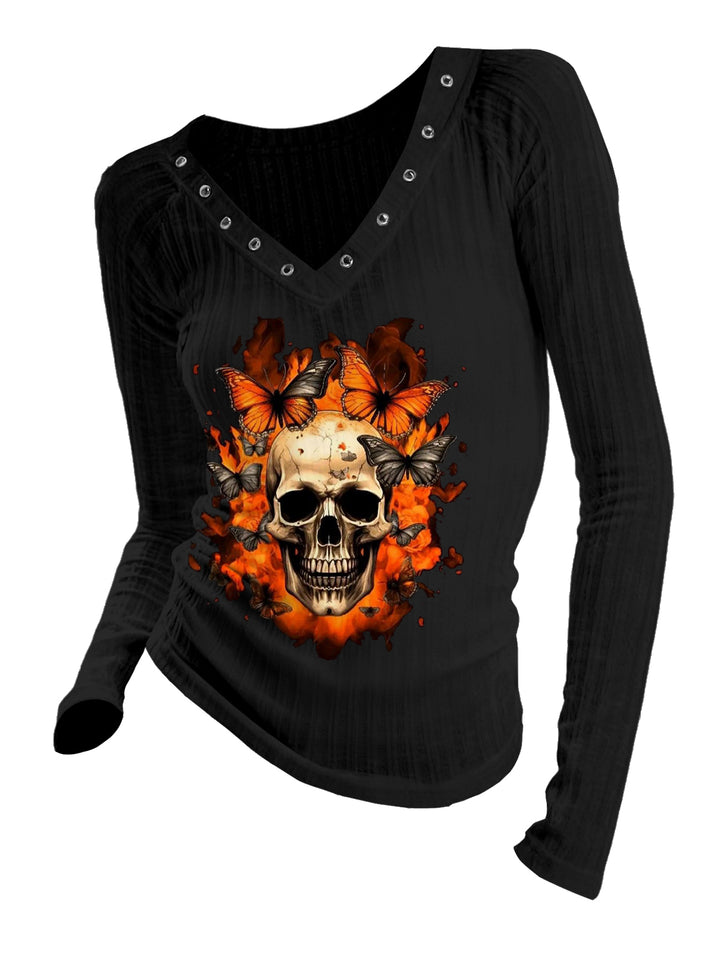 Black Rivet V-Neck Long-Sleeve T-Shirt Flame Skull & Butterfly Dark Print Retro Unique Slim-Fit Top