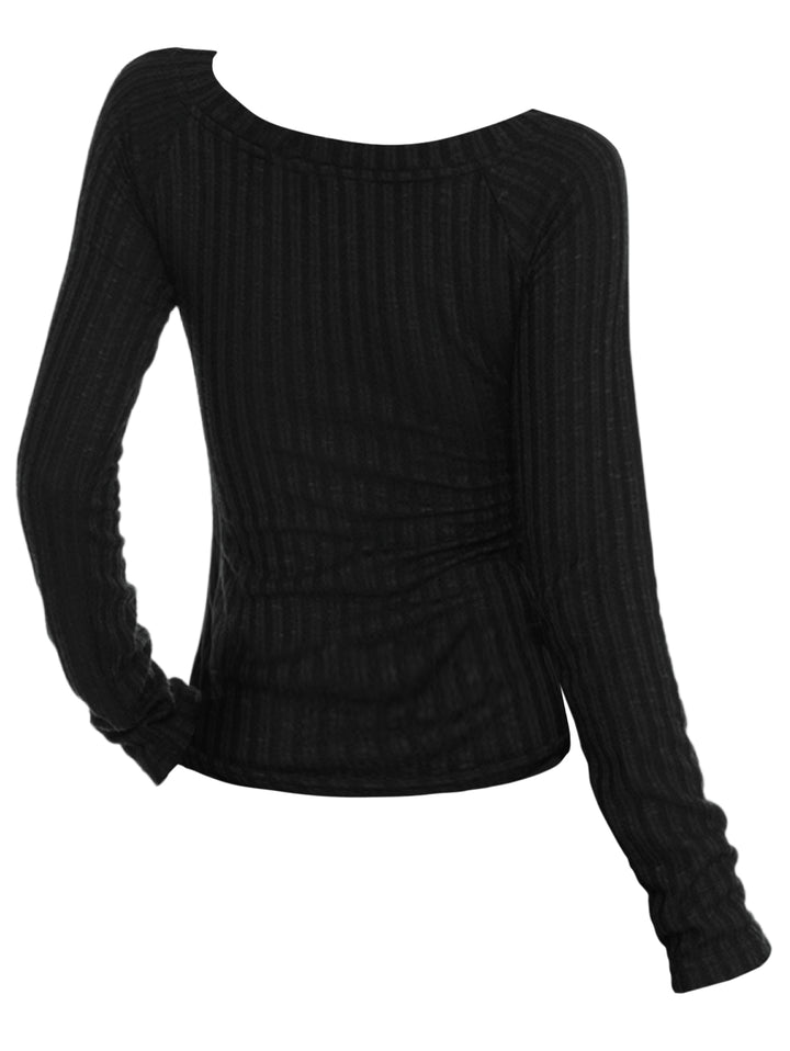 Black Rivet V-Neck Long-Sleeve T-Shirt Flame Skull & Butterfly Dark Print Retro Unique Slim-Fit Top