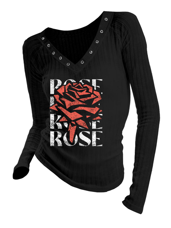 Black Rivet V-Neck Long-Sleeve T-Shirt Rose Letter Distressed Print Retro Trendy Slim-Fit Top