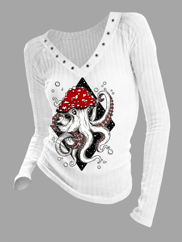 White Rivet V-Neck Long-Sleeve T-Shirt Poison Mushroom Octopus Dark Print Retro Unique Slim-Fit Top