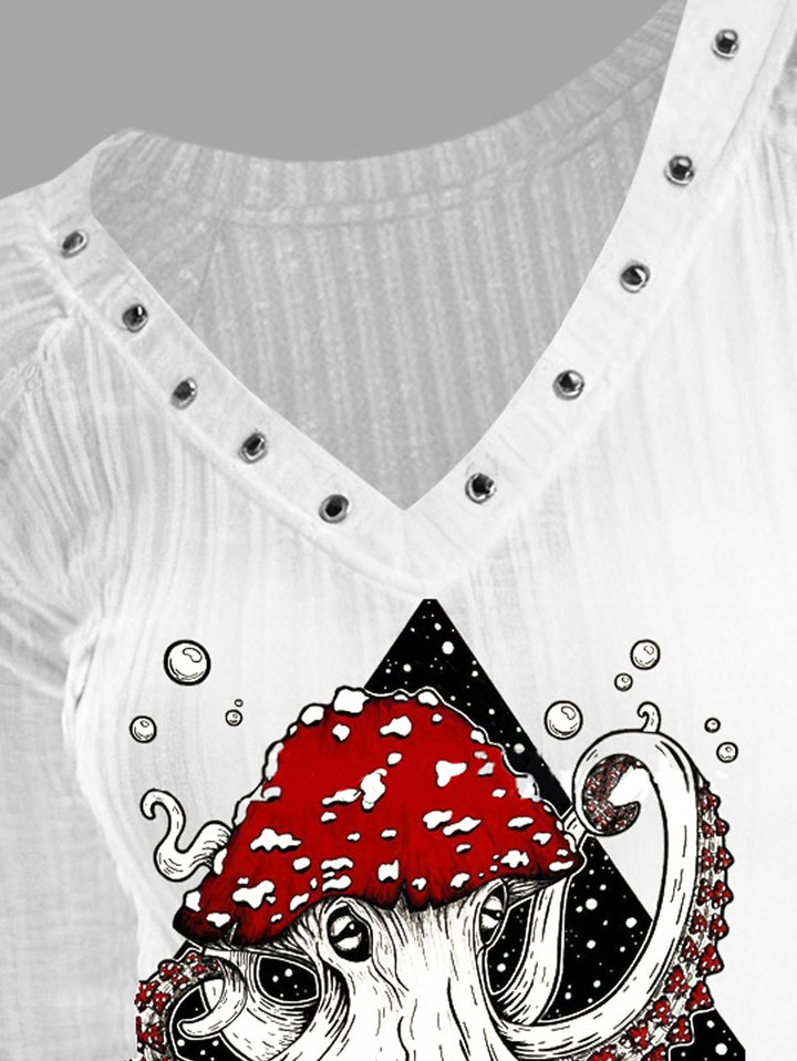 White Rivet V-Neck Long-Sleeve T-Shirt Poison Mushroom Octopus Dark Print Retro Unique Slim-Fit Top