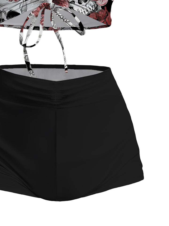 Gothic Skull & Rose Print Cami Top & Black Shorts Two-Piece Set