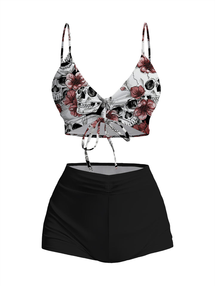 Gothic Skull & Rose Print Cami Top & Black Shorts Two-Piece Set